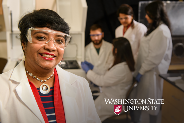 Susmita Bose with students and with logo for WSU