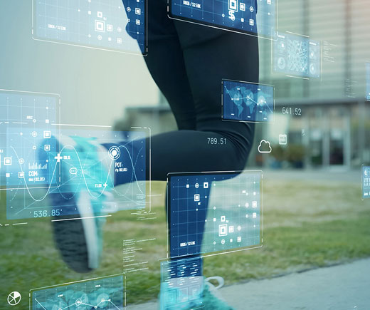 Legs of a runner with tech screens overlaid.