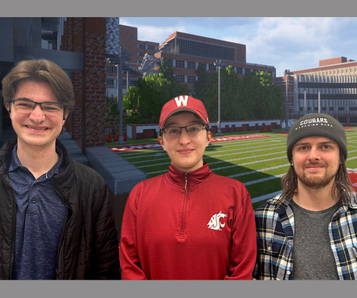 Three students standing infront of Pullman campus image.