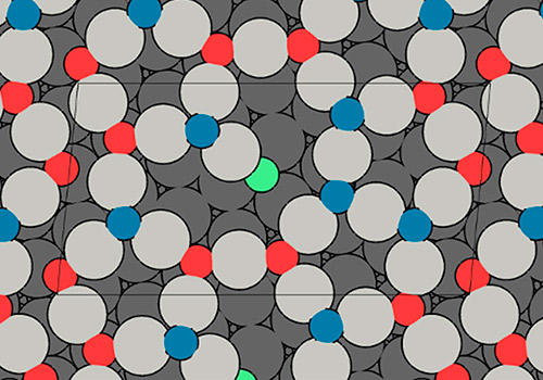 Colored spheres representing oxygen atoms in varied positions within the catalyst’s oxide layer; dark grey spheres show metallic copper atoms on the surface; while light grey spheres represent copper atoms within the oxide layer.