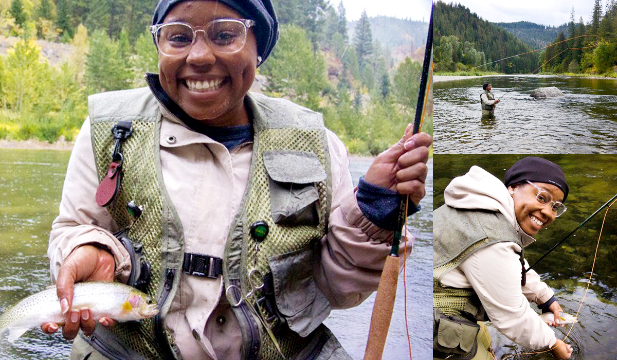 Various photos of Tomyia Wallace fly fishing on St. Joe River.