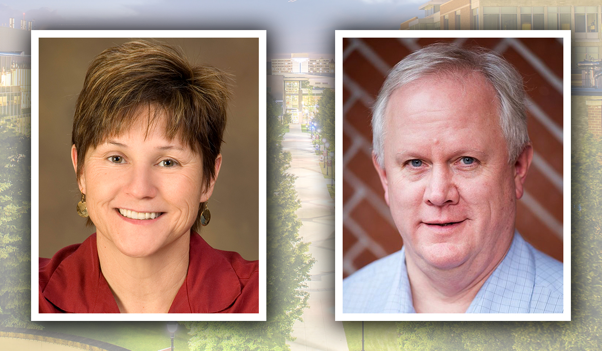 Individual closeups of Mary Koithan and Mark Leid with the WSU Health Sciences campus in the background.